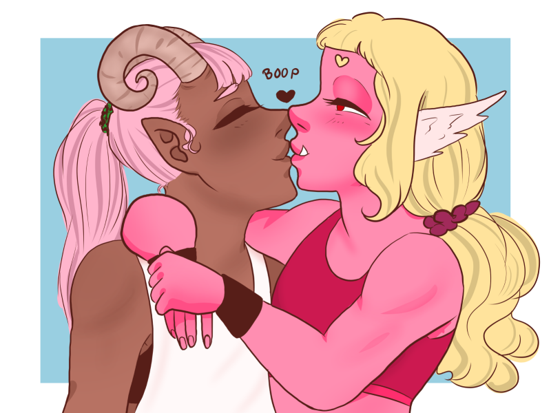 Character names: Annéa and Sorbet. Annéa has pink skinand long curly blonde hair. Her ears are shaped like wings. She's got big lower teeth, clasically seen on orcs, a gunshot in her forehead leaking foluid. Sorbet has brown skin and long straight pink hair, curly horns growing out of her forehead. Annéa is wearing a pink sports bra, hair in a low ponytail. Sorbet is wearing a white tanktop with a dark sports bra underneath. Annéa's arms are looped around Sorbet's neck, their noses touching.