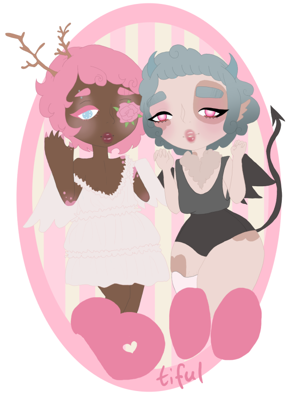 Character names: Teala and Spumoni. Teala has brown skin with pink spots and pink hair, branches growing out of his hair. Instead of a left eye is a pink rose. His left arm ends above the elbow. He's wearing a frilly white dress and angel wings on his back. His left arm is up in a 'rawr' pose.  Spumoni has light skin with brown spots and misty blue hair. His neck and collarbones are furry with a light brown colour. His right leg ends mid thight, where he wears a prosthetic. He's wearing a lowcut black tanktop, black hotpants and black batwings, hnads also up in a 'rawr' pose. Text across the lower section of the image reads 'BOOtiful'.