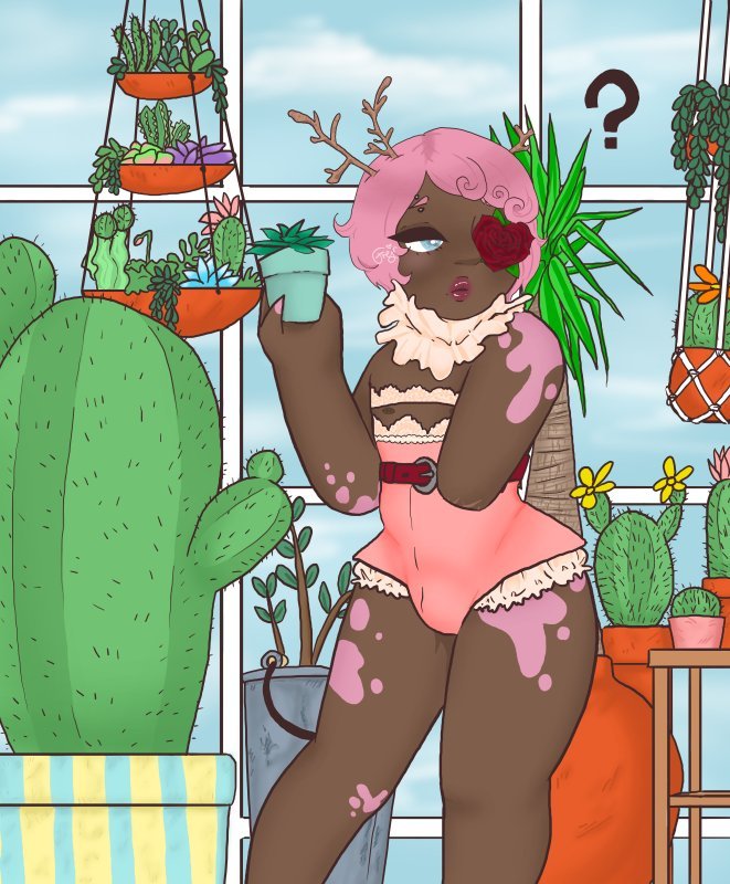 Character name: Teala. Character with brown skin with pink spots and pink hair, branches growing out of his hair. Instead of a left eye is a red heartshaped rose. His left arm ends above the elbow. He's shirtless, wearing pink bootyshorts with a waist that ends right below the chest. In his right hand he's holding a potted plant. He's looking over his shoulder, confused. He's surrounded by cacti and succulents of various shapes and sizes, a window behind him.