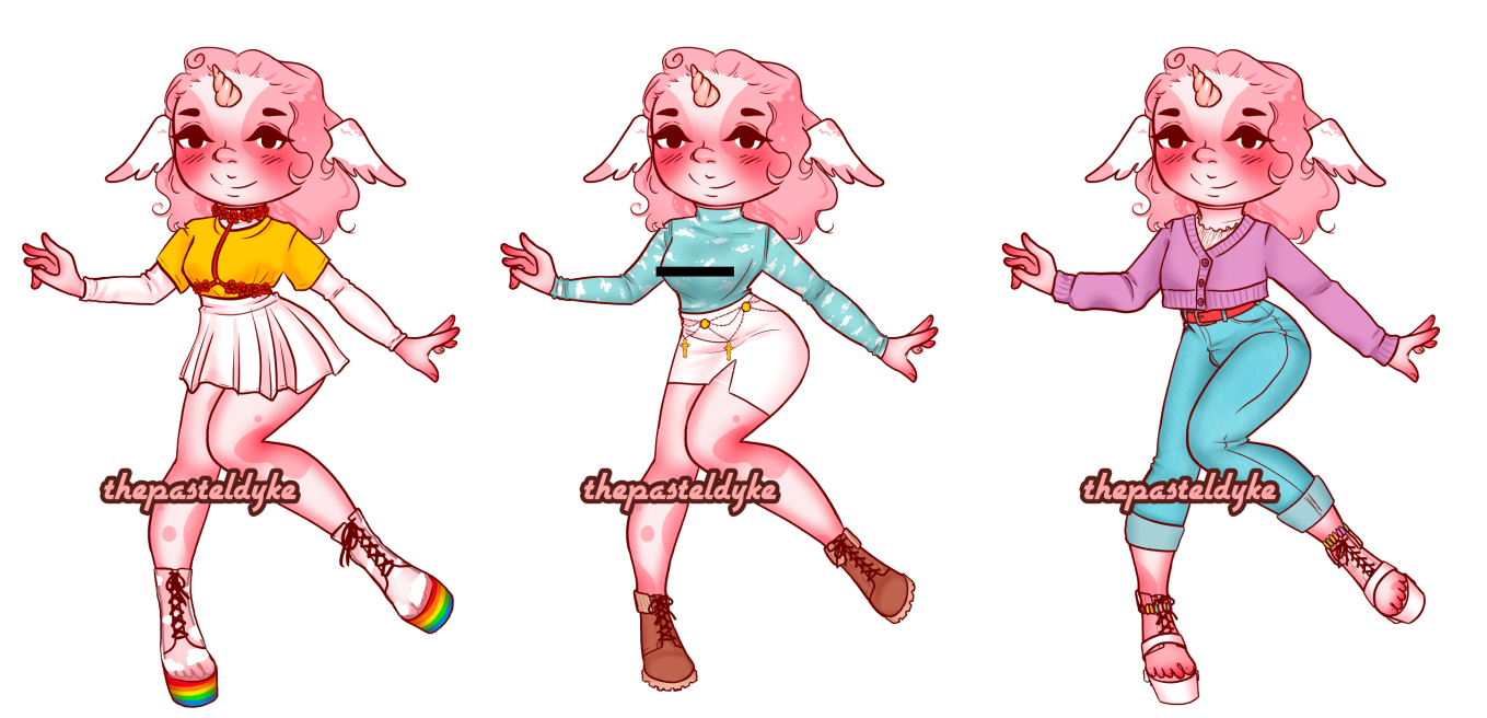 Character name: Gumdrop. She's got light pink skin with darker pink spots. Instead of ears she has wings growing out of the side of her face. She has a short peach-coloured horn growing from the center of her forehead and has pink hair. This is a picture of her three times next to each other. The image of her is the same each time but she's wearing different outfits. In the first she's wearing a yellow T-shirt over a white longsleeved T-shirt, a white pleated skirt, a red harness with flowers and clear shoes with white clouds on them. The soles of the shoes are thick and in the colour of the rainbow. In the second she's wearing a sheer lightblue turtleneck shirt with white clouds and a tight white skirt, gold chains with charms hanging off it and brown boots. In the third she's wearing a purple cropped cardigan over a white crimped shirt and light blue cuffed jeans with a red belt. Res shoes are toeless platforms with lacing in the front.