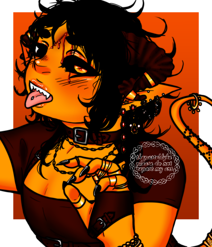 Character name: Reidun Mordai. Reidun has orange skin and black hair, cut into a mullet, the bottom layer of the mullet reaching to his chest. His left eye has a black sclera and yellow iris. He's got long sharp nails, sharp teeth. He's got a tongue piercing and several ear piercings. His tail is wrapped in pears and gold decorations, he's wearing a lot of golden rings. He's got a fresh cut on his forehead that's dripping blood. He's sticking his tongue out, hands raised and nails ready to claw at you. He's wearing a black shirt with a low neckline, a black choker and a black piece of leather strapped to his hand.