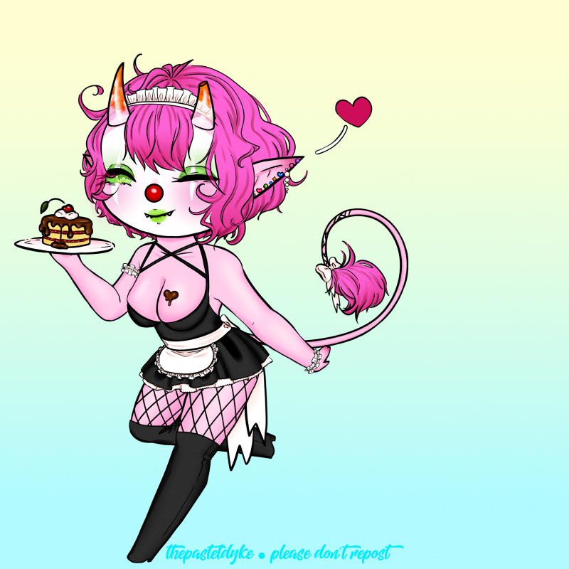 Character name: Rhubaby. Rhubaby has pink skin and hair, a long tail that ends with a fluffy tuft of fur. She has clear horns with orange tips. She's wearing clown makeup and a clown nose. She's wearing a maid dress and over-knee boots. There's chocolate on her boobs and she's winking.