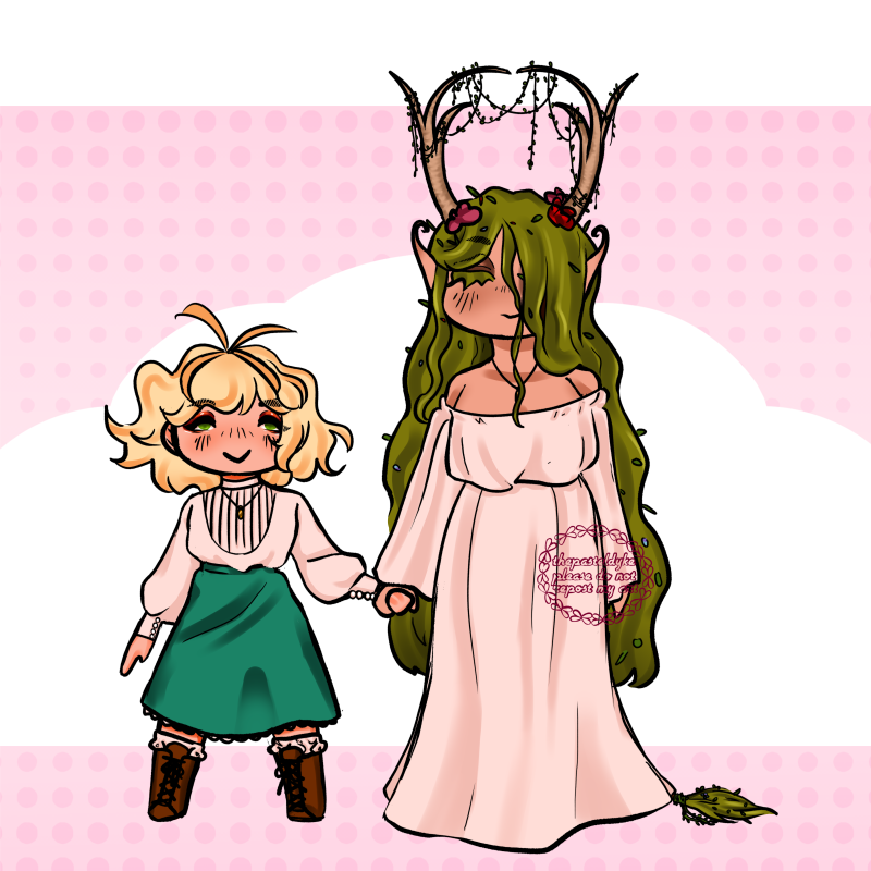 Character names: Myra & Skogsrået. Chibi drawing of Myra and Skogsrået holding hands, showing off their height difference. The top of Myra's head reaches about Skogsrået's neck. Myra is wearing a white blouse, a green skirt and brown boots with white socks peeking out. Skogsrået is wearing a loose white dress.