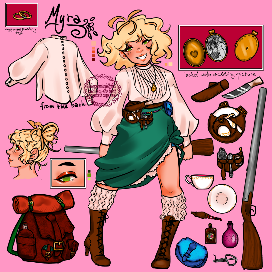 Character name: Myra. Reference sheet for Myra: She has blonde fluffy hair that ends at the shoulders, and is wearing a white blouse, a green skirt that's been tied up on one side, showing a white underskirt. She's also wearing white knitted socks and brown boots, a belt with various items hanging off it. To her left is a drawing of her blouse seen from behind, her wedding and engagement rings, a closeup on her eye, her profile, and her backpack. To her right is a closeup of her locket, open and closed. The inside has a wedding photo of her and another woman, Skogsrået, inside. Underneath are drawings of various possessions of hers: A knife and its sheath, a teacup holster with a cup and saucer, a holster for a spoon, a bottle of tealeaves and a tea strainer, a whistle, a perfume bottle, a glass bottle, a mouth harp, a purse and a rifle.