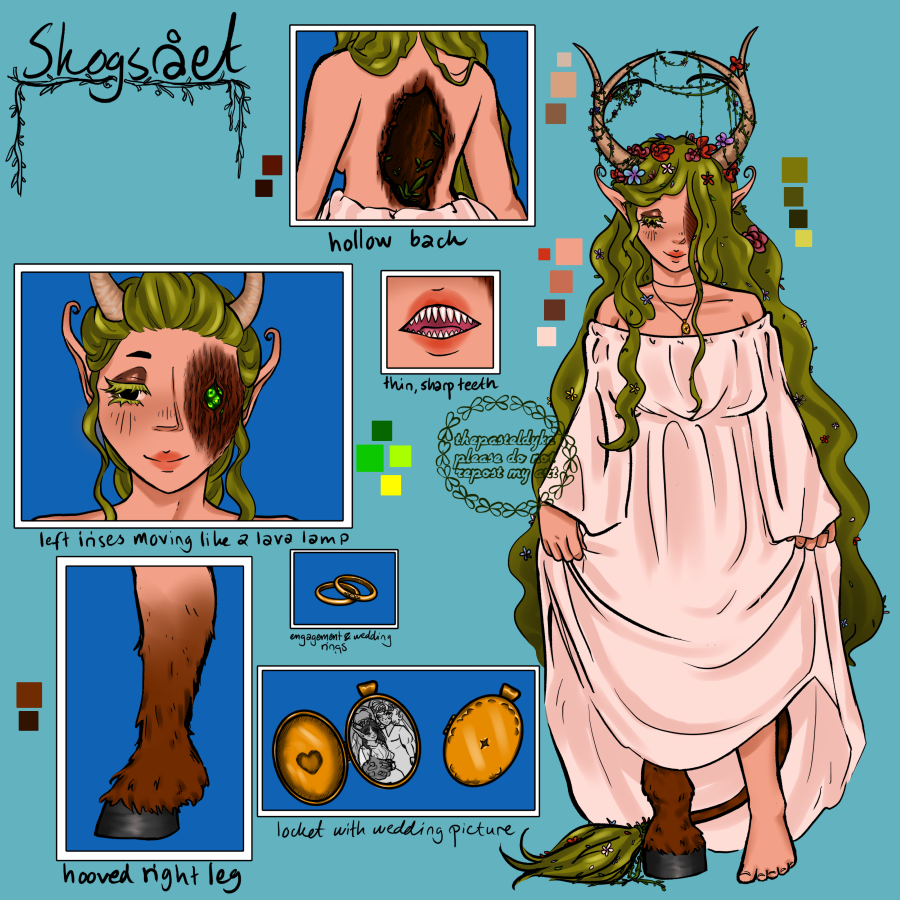 Character name: Skogsrået. Reference sheet for Skogsrået: Skogsrået is standing on the right side of the picture. She has long wavy green hair that reaches to her knees, long curved horns that almost meet in the middle. Vines and flowers are hanging off her horns, leaves and petals in her hair. She's wearing a long loose white dress. Her hair hides the left side of her face. Her right leg ends in a hoof and she has a cow's tail. To her left is an image of her back. It's hollow, the hole covered in bark. Leaves are growing out of it. Another image is of her full face. The right side of her face is regular, the left half is covered in bark, hollowed out where her eye is. Inside the hole for the eye you can see several green eyelike orbs. There is a closeup of her teeth, that are thin and sharp. Another closeup shows a sideview of her fooved leg to show how it transitions from skin to fur. There's a closeup of her wedding and engagement rings as well as of a locket both open and closed. Inside the locket is a wedding photo of her and her wife Myra.