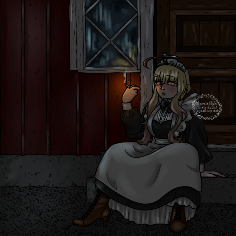 Character name: Ingrid. Ingrid has light skin and blonde hair cut into a bob aside from thick pieces in front of her ears that reach her waist. The tips of those strangs are light brown. She has red eyes, pointy ears and fangs. She's wearing a full-length maid dress, a maid deadband and brown boots. She sitting on the stoop of a house, legs spread, one arm propping her up while she holds a cigarette with the other. It's nighttime in the picture.
