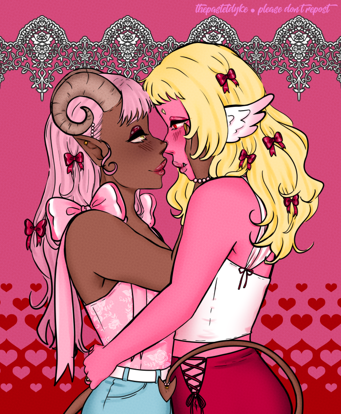  Character names: Sorbet and Annéa. Sorbet has brown skin and long pink hair, curly horns growing out of her head, her eyes green. She has a long tail that ends in an arrow tip. Annéa has pink skin and blonde wavy hair, pink bows in it. Her eyebrows are heartshaped and instead of ears she has little white wings. She has large lower teeth clasically seen on orcs. Annéa has her hans on Sorbet's hips, Sorbet's hands are on Annéa's cheeks as they look into each others' eyes. Sorbet is wearing a pink corset with ribbon shoulder straps and light blue jeans. Annéa is wearing a pink skirt and a white top. There are pink ribbons in their hair.