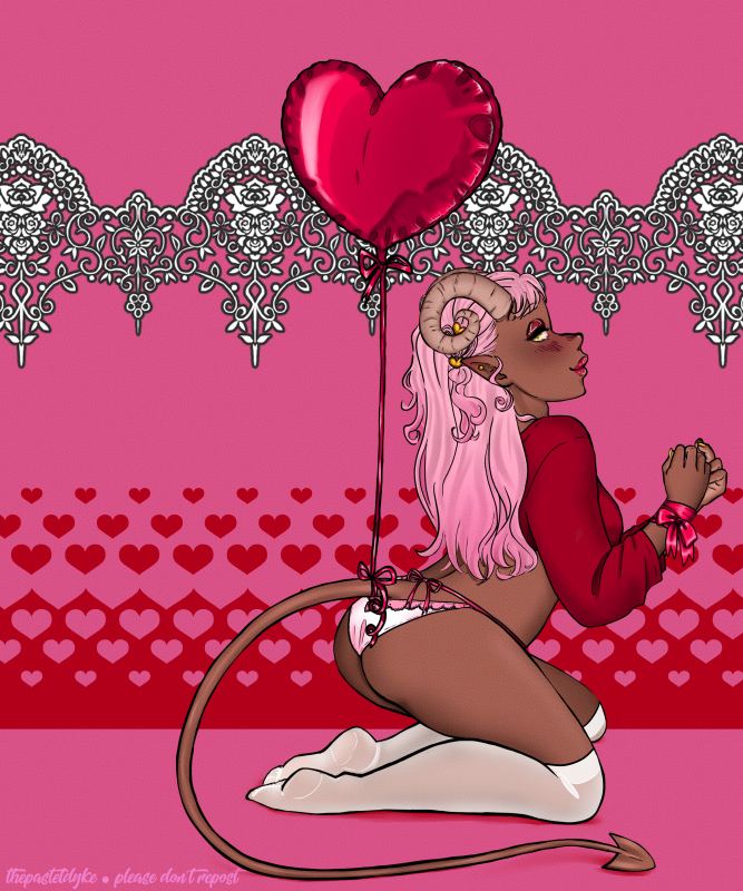  Character name: Sorbet. Sorbet has brown skin and long pink hair, curly horns growing out of her head, her eyes green. She has a long tail that ends in an arrow tip. She's on her knees, looking over her shoulder, a slight smile on her lips. A heart-shaped balloon is tied around her tail, her wrists tied with a pink ribbon. She's wearing a red cropped shirt and white underwear with pink lace, as well as sheer white over-knee socks.