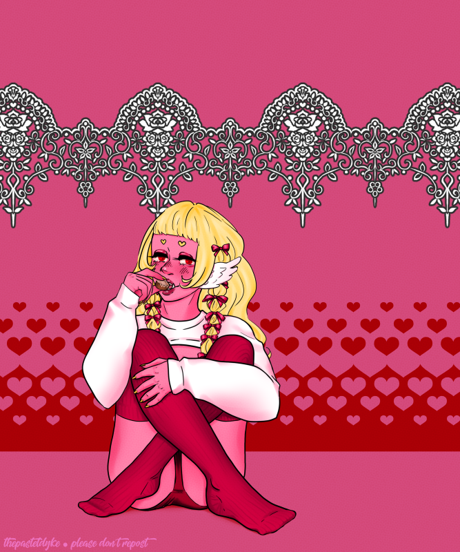 Character name: Annéa. Annéa has pink skin and blonde wavy hair, pink bows in it. Her eyebrows are heart-shaped and instead of ears she has little white wings. She has large lower teeth classically seen on orcs and red eyes. He has her legs drawn up and crossed in front of her, her left arm wrapped around them. In her right hand she's holding a piece of chocolate to her lips. She's looking a little to the side, smiling. She's wearing a white shirt with no chest, her chest hidden behind her legs. She's also wearing red underwear and dark pink thigh high socks.