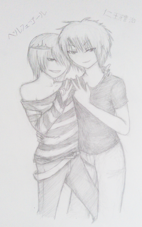 Traditional doodle of Belphegor from Katekyo Hitman Reborn and Nioh from Prince of Tennis, arms around each other, flashing peace signs, grinning. Bel is wearing his regular clothes sans jacket, Nioh is wearing a dark t-shirt and light jeans.