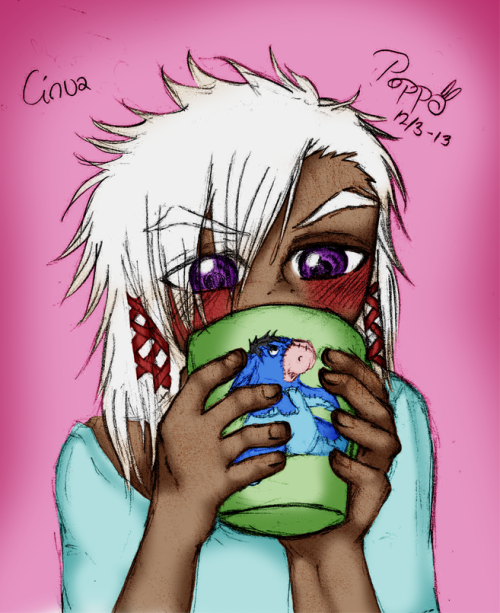 Traditional doodle coloured digitally of Cinva from Dance in the Vampire Bund, dressed in pajamas, drinking out of a mug with Eeyore on it.