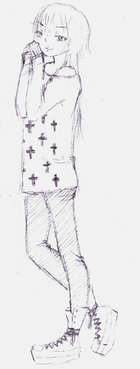 Traditional doodle of Cross from 666 Satan/O-Parts Hunter, partially turned, standing, arms bent and close to his face. He's wearing a shirt with crosses on it, and jeans.