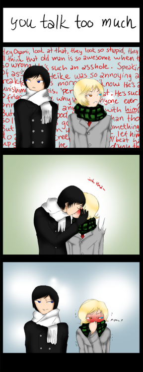 Comic strip of Ogami and Toki from Code:Breaker, where they're walking next to each other, dressed in their winter uniforms. Toki is talking so much it fills the entire background in panel one. Panel two, Toki is cut off by Ogami bending down, grabbing his face and kissing him. In panel three, Toki is hiding his gace i his scarf, blushing furiously.