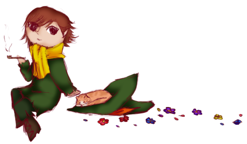 Coloured doodle of Snufkin from Moomin, smoking his pipe. His hat is on the ground, a cat sleeping on it. Flowers are strewn on the ground.