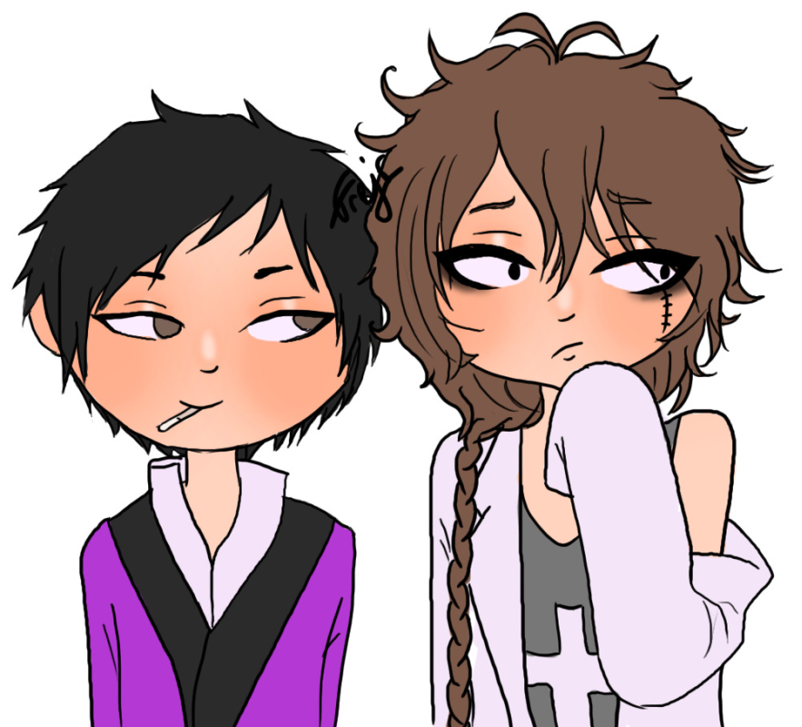 Hokuto and Rasu from Countdown 7 Days in chibi style, standing next to each other. Hokuto is looking over at Rasu, smiling, an unlit cigarette between his lips. He's wearing his purple cardigan and a white buttonup shirt. Rasu is looking off to the side, flustered, one hand raised to his chin. He's wearing his labcoat and black tanktop.