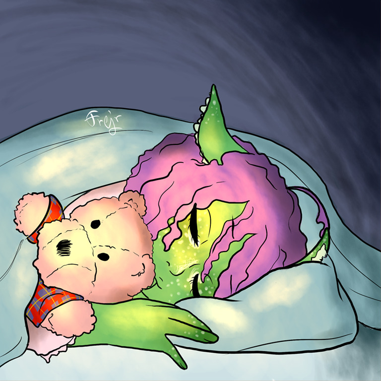 Ron from Alive: The Final Evolution as a baby kelpie, tucked into bed, sleeping, hugging a teddybear.