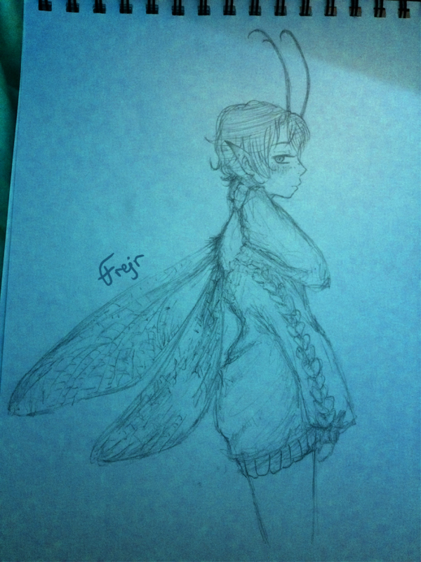 Traditional doodle of Haru from Zettai Kaikyuu Gakuen as a faerie, wearing an oversized knitted sweaterdress. He has two sets of arms, seen from the side you can see two arms, one of the left arms down, the other rubbing at his neck.