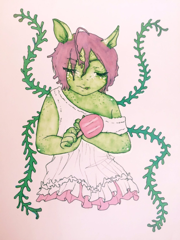 Traditional drawing of Ron from Alive: The Final Evolution as a baby kelpie, eating ice cream. He's wearing a frilly top that's a little too big on him, making it a dress.