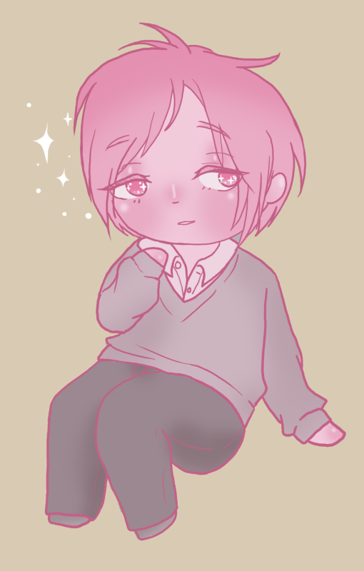 Akane from Horimiya, drawn in chibi style, sitting down, one hand close to his face. He's wearing his school uniform.