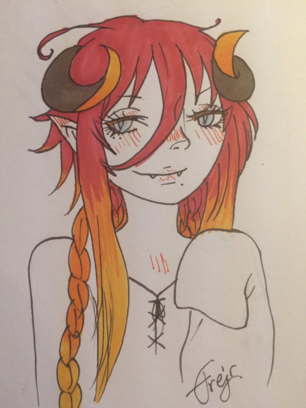Traditional doodle of Loki from Kamigami no Asobi, only his hair coloured. He's in his god form, with horns and red hair fading to orange and yellow. One arm is raised, his hand hidden by an oversized sleeve.