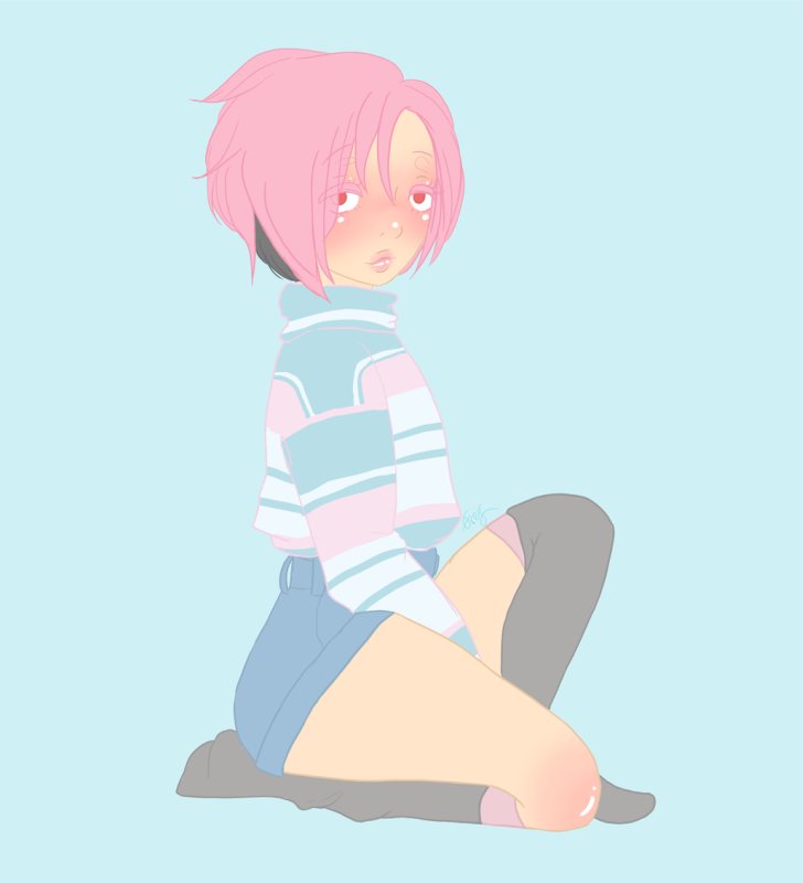 Akane from Horimiya, from the side, head turned a bit toward you. He's sitting down, one leg folded underneath him, the other pulled halfway to his chest. he's wearing a loose turtleneck sweater with pink, blue and white stripes, blue jeanshorts and black overknee socks.