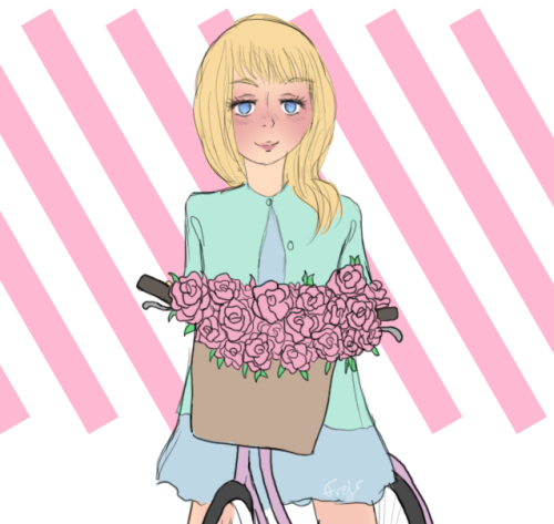 Asuka from Kyou no Asuka Show standing over a bicycle, its basket full of flowers. She's wearing a blue dress and a green jacket. She's smiling.