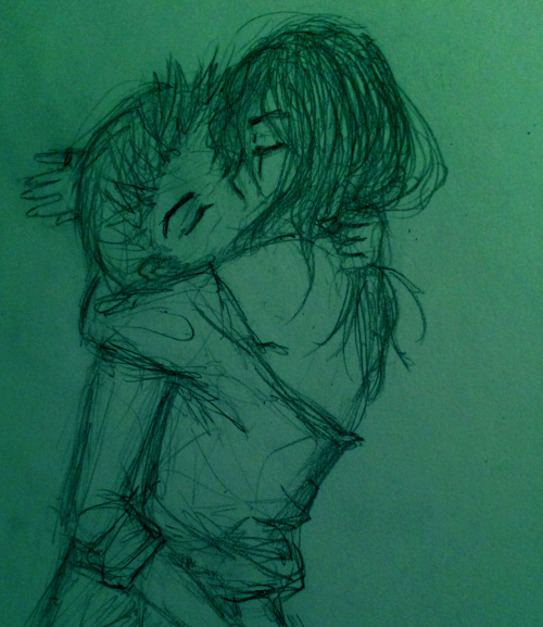 Traditional doodle of Otogi and Honda from Yu-Gi-Oh, arms around each other, kissing. Otogi's hair is down, his shirt falling off his shoulders.