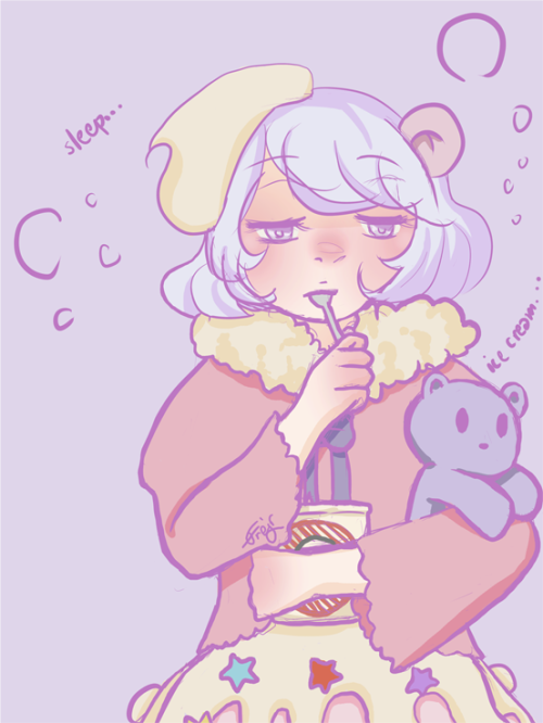 Coloured doodle of Cream Teddy from Show By Rock!!, looking sleepy, a tub of ice cream cluthed to her stomach, a spoon in her mouth. She's carrying a lilac teddybear in the crook of her elbow.