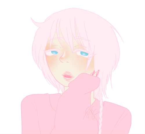Cross from 666 Satan/O-Parts Hunter dressed in an oversized pink sweater, hand resting on his cheek.