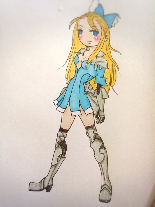 Traditional drawing of Edea from Bravely Default, drawn in a semi chibi style, wearing her blue Bravely Second outfit.