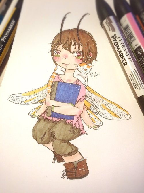 Traditional drawing of Haru from Zettai Kaikyuu Gakuen, drawn in chibi style, as a faerie, a cat on his shoulders. He's clutching a sketchbook in his arms. He's wearing a pink top, brown trousers and brown boots.