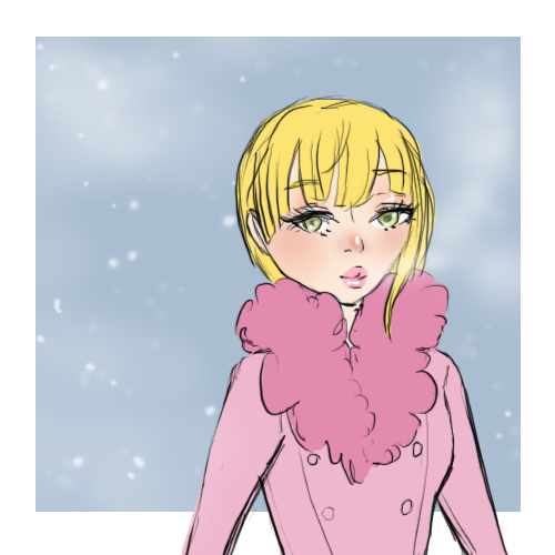 Coloured doodle of Frederica from The Idolmaster Cinderella Girls, dressed in a pink winter coat with a fluffy collar, snow falling around her.