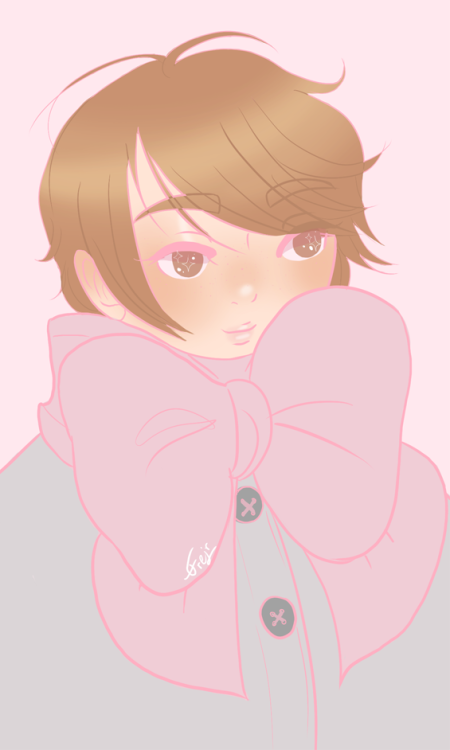 Guang Hong from Yuuri on ice, wearing a gray jacket and a big pink scarf tied into a bow. He's smiling, looking to the side.
