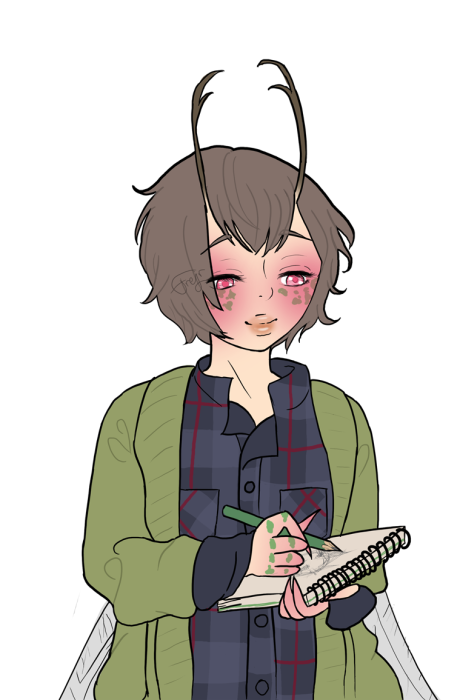 Haru from Zettai Kaikyuu Gakuen as a faerie, wearing a green cardigan over a blue tartan patterned buttondown shirt. He's holding a sketchpad on one arm, drawing with his other hand.