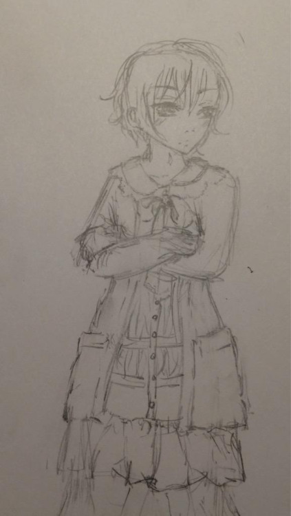 Traditional doodle of Haru from Zettai Kaikyuu Gakuen, dressed in a morikei dress and cardigan, arms crossed over his chest, a little annoyed huff coming out of him as he looks to the side.