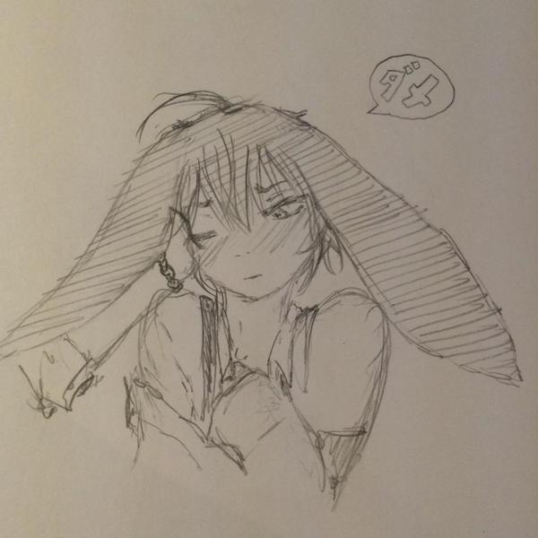 Traditional doodle of Haru from Zettai Kaikyuu Gakuen, with bunny ears, a hand cradling his cheek. He's looking flustered.