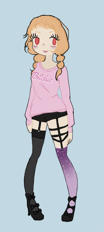 Hiyori from Code:Breaker with shorter hair done in bubble braids. She's wearing a pink shirt with the text 'bitchie' in the barbie font, black shorts and one thigh high black sock, the other an overknee galaxyprint sock.