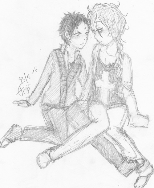 Traditional doodle of Hokuto and Rasu in their regular clothes, sitting next to each other, faces close together, looking into each others eyes, blushing. One onf Rasu's legs is on top of Hokuto's.