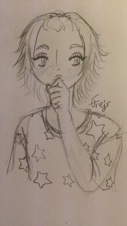 Analog doodle of JK from Kamen Rider Fourze, blushing, his hand close to his mouth ti hide it behind it. He's wearing a t-shirt with stars on it.