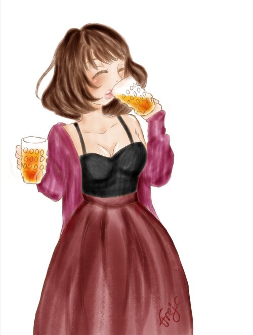 Coloured doodle of Kaede from The Idolmaster Cinderella Girls, holding a jug of beer in each hand, drinking out of one of them. She's wearing a burgundy cardigan over a black tanktop, as well as a wine rted long skirt.