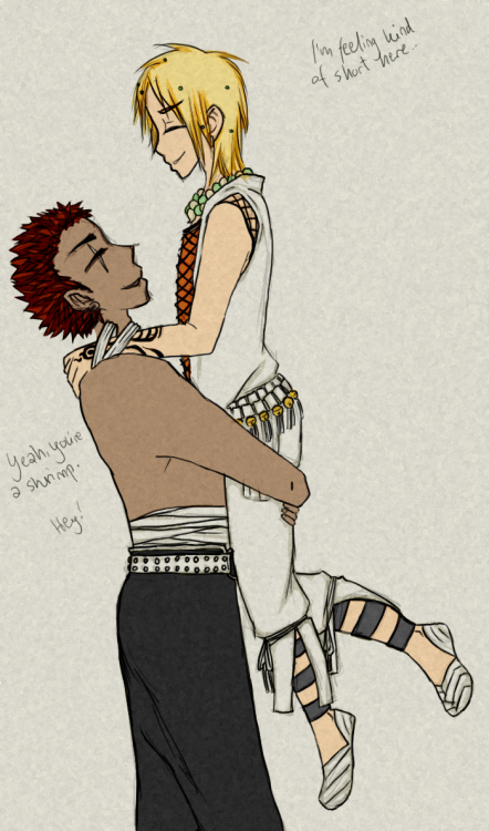 Traditional doodle coloured digitally of Izumo and Kumaso from Takeru Opera Susanoh Sword of the Devil. Kumaso is lifting Izumo off the ground, arms around the top of his thighs, Izumo's hands resting on Kumaso's shoulders. Text on the image reads 'I'm feeling kind of short here...' 'Yeah, you're a shrimp.' 'Hey!'