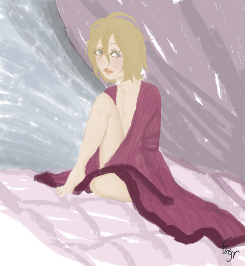 Coloured doodle of Kuranosuke from Kuragehime, dressed in a purple robe, surrounded by drapes and blankets.