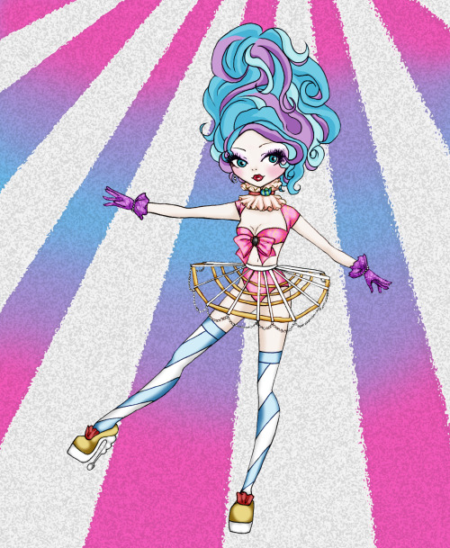 Maddie from Ever After High, hair piled high, wearing a ruffled collar, a pink top and shorts-set, the bones of a crinoline on top. Her socks are thigh high, in a spiralling white and blue pattern.