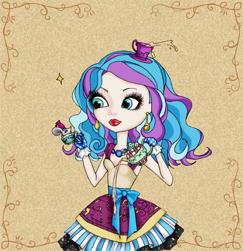 Maddie from Ever After High, dressed in her regular outfit, holding her teacup with her mouse in it in one hand, pouring tea onto the ground with the other.