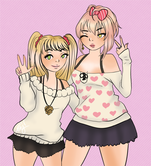 Mika and Rika from The Idolmaster Cinderella Girls, arms around each other, flashing peace signs. Mika is winking, they're both smiling. Rika is wearing a white sweater and a black skirt, Mika is wearing a white shirt with pink hearts on it, and a black skirt.