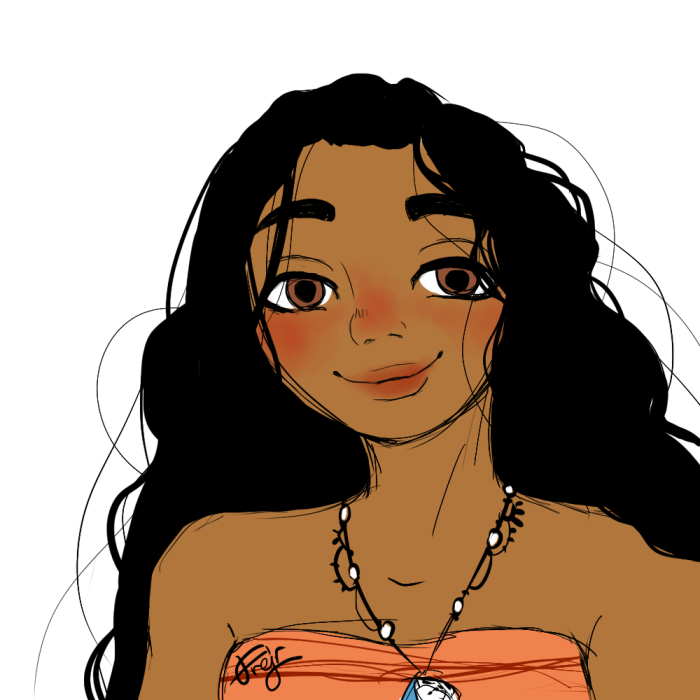 Coloured doodle of Moana from the movie by the same name. She's looking into the screen, smiling.