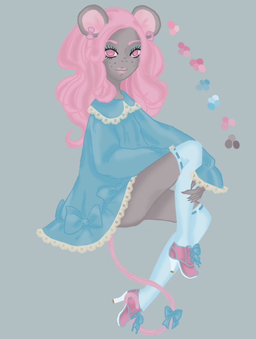 Mouscedes from Monster High, drawn from the side, sitting, one leg partially pulled to her chest so she can have her arm around her calf. She's wearing a blue dress, light blue overknee socks and pink shoes. She's smiling.