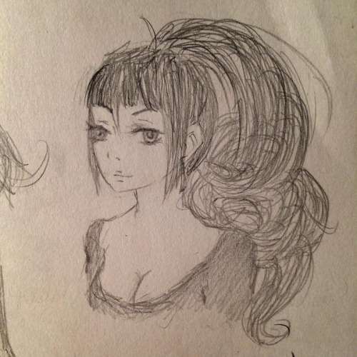 Traditional doodle of Okuni from Rengoku ni Warau, wearing a deep-cut shirt that shows off her cleavage.