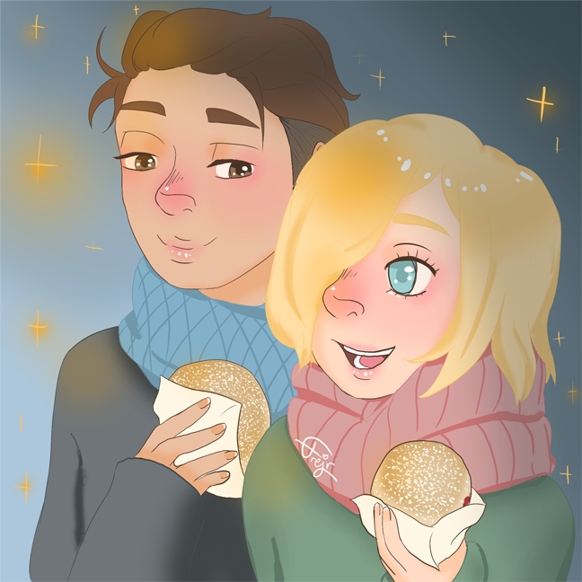 Yuri and Otabek from Yuuri on Ice walking side by side, holding jam-filled buns as they walk down the street during nighttime.
