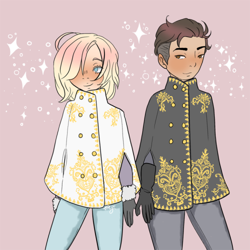 Yuri and Otabek from Yuuri on Ice standing next to each other, pinkies locked together. Yuri is looking off to the side, Otabek is looking at Yuri. Both are smiling. They're wearing matching gold-trimmed poncho's, Yuri's in white, Otabek's in black. Otabek is wearing dark jeans, Yuri's are light blue.